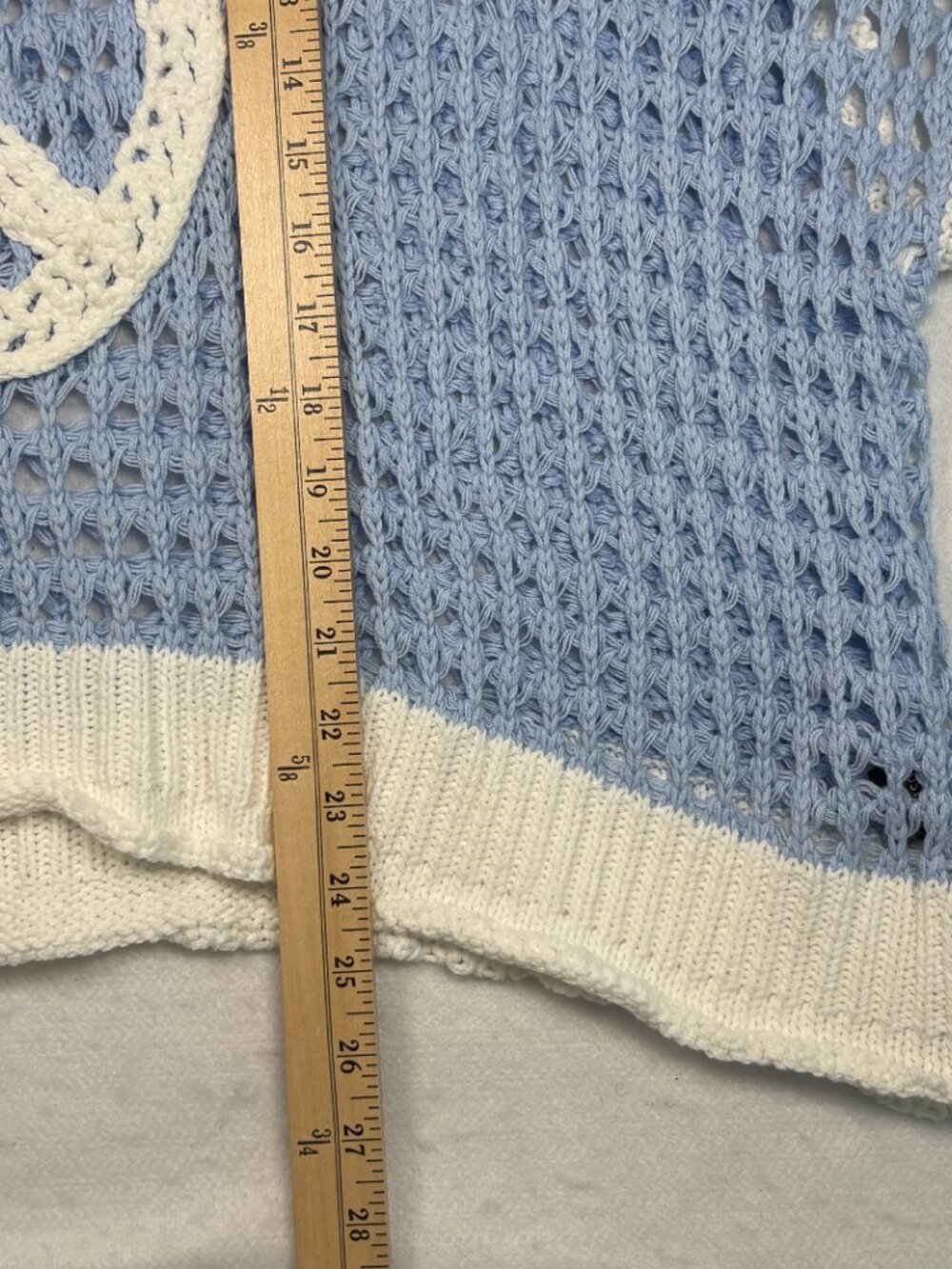 POL Sky Blue Crochet Peace Sign Knit Sweater Boho Coastal Festival Fairy Beach L - Picture 7 of 8